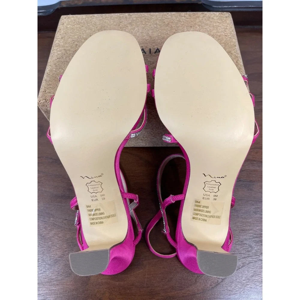 Nina Size 9 Hot Pink Satin Strap Rhinestone Heel Pump Sandal Prom Wedding Formal